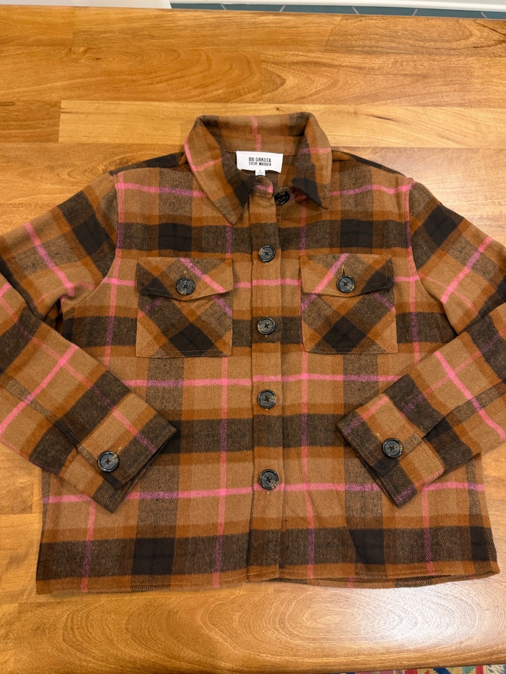 BB Dakota by Steve Madden Brown & Pink Soft Plaid Button-Down Shirt Jacket Large
